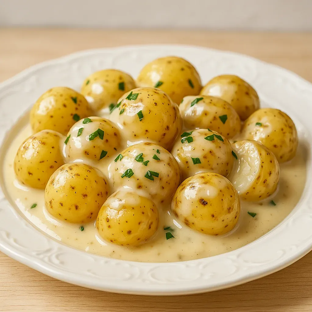 A plate of potatoes topped with fresh herbs.