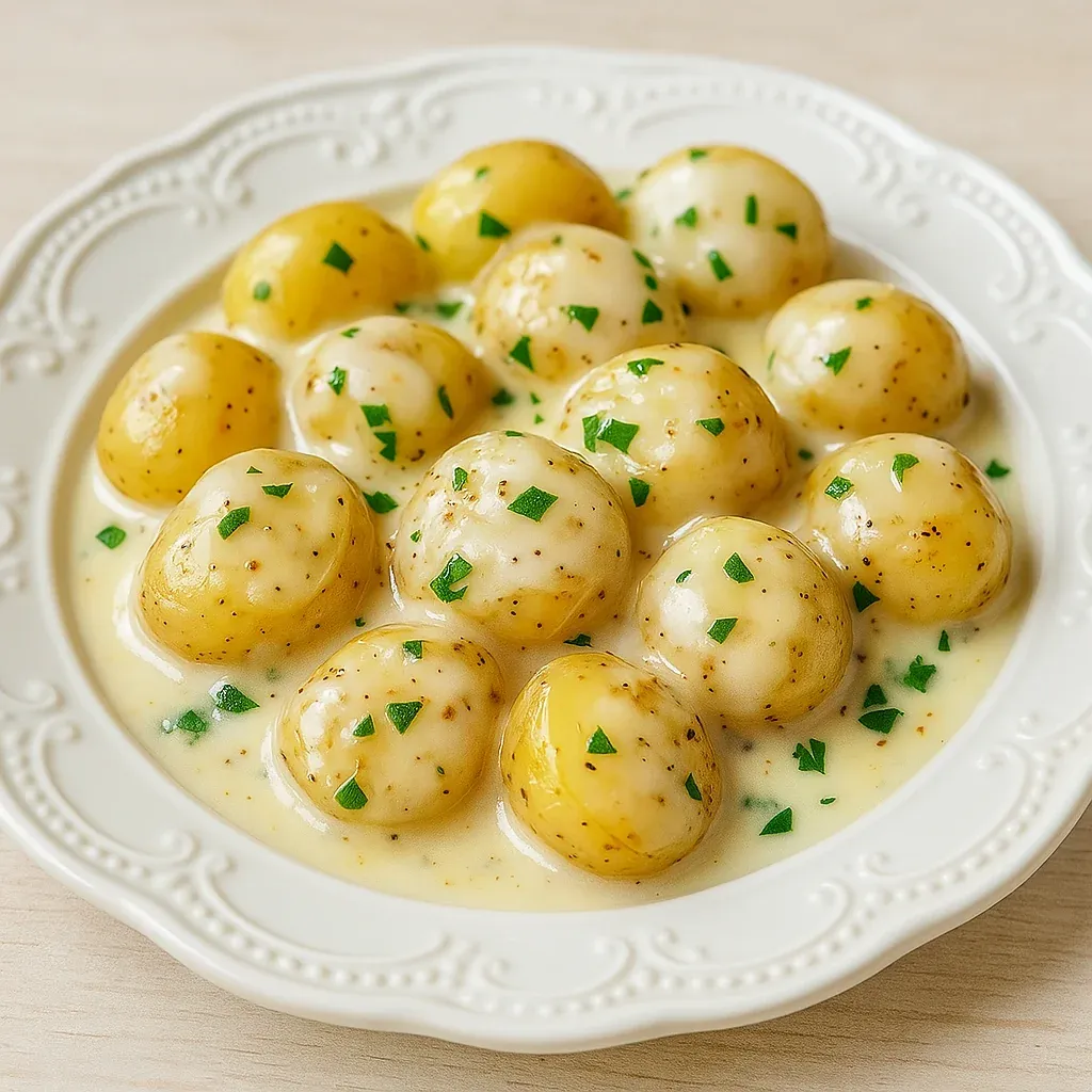 A plate of potatoes with green toppings.