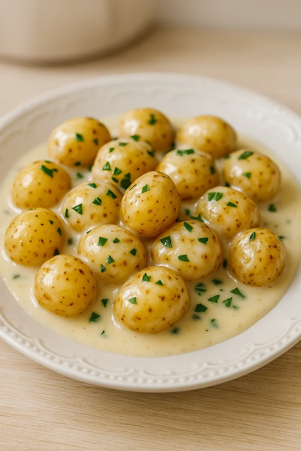 A plate of food with potatoes and green herbs.