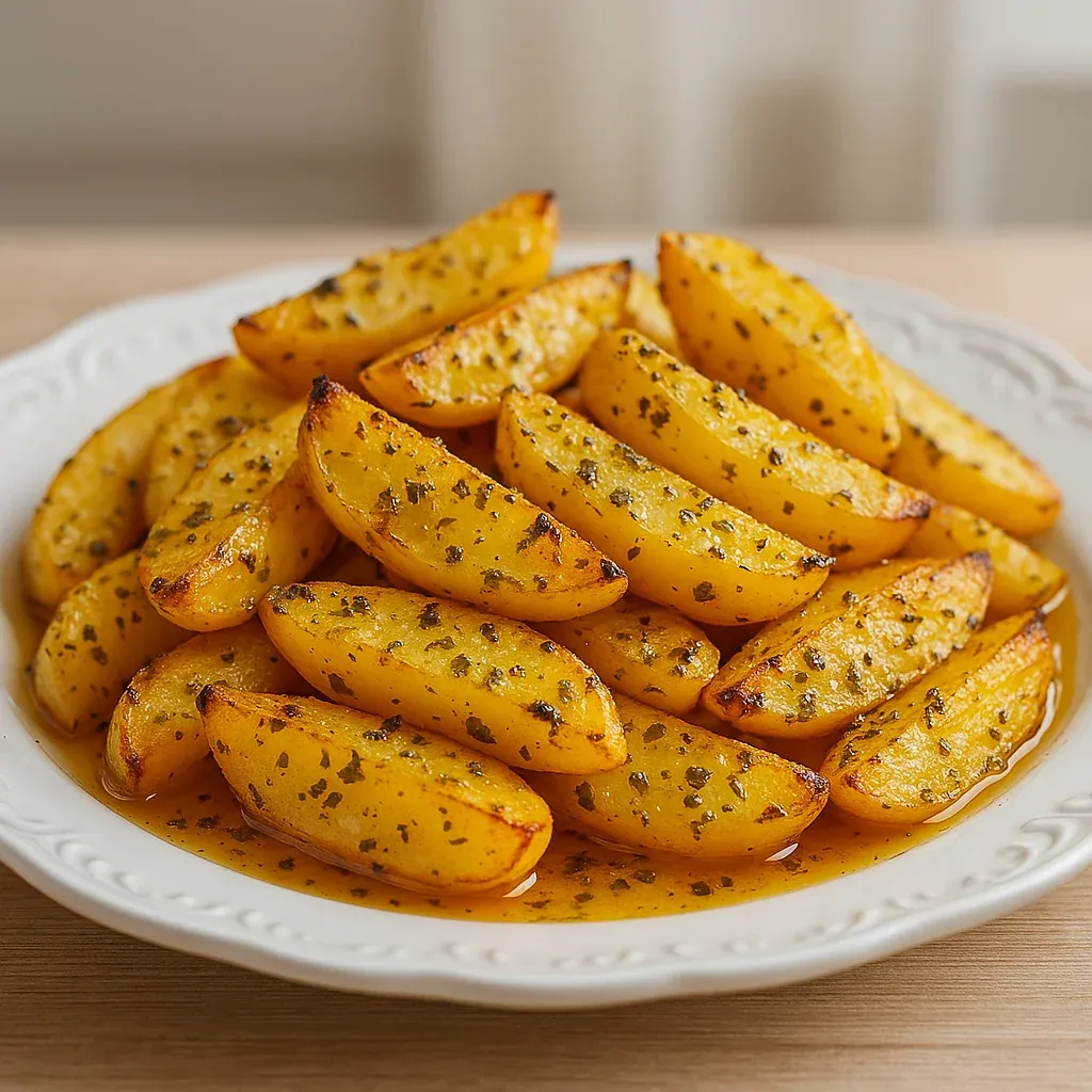 Seasoned golden potatoes on a white plate.