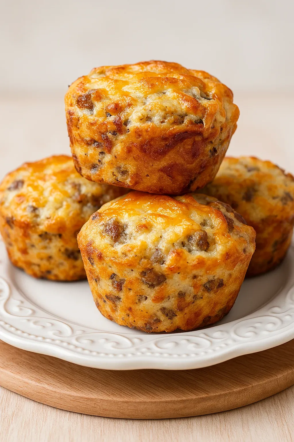 Three muffins stacked on a plate.