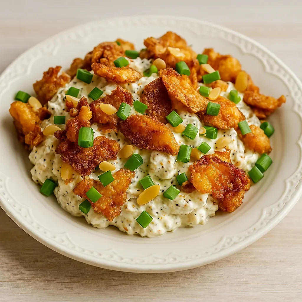 A dish of crispy potatoes with fresh toppings.