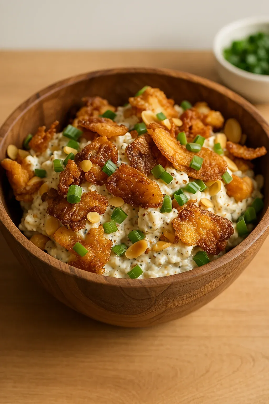 A bowl of food with a green topping.