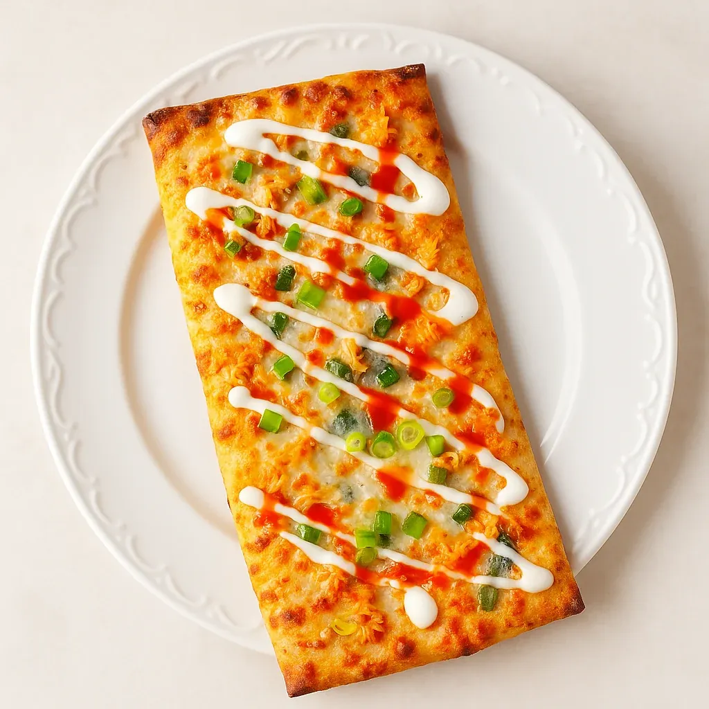 A slice of pizza with white sauce and green peppers.