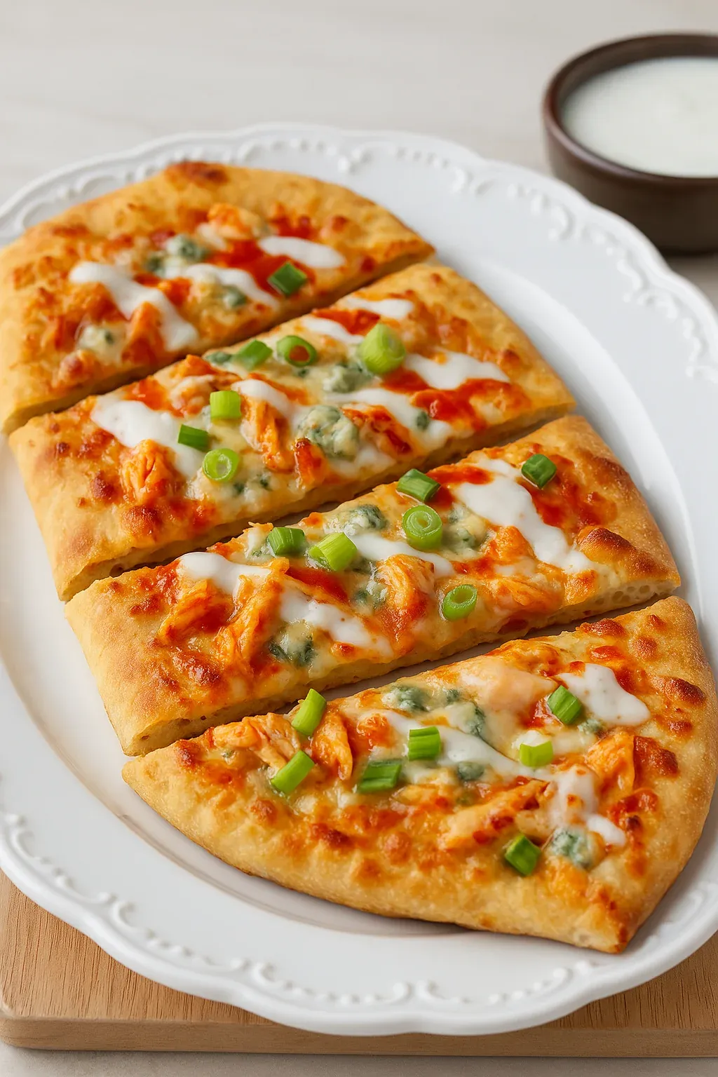 A pizza with cheese and green peppers on a white plate.