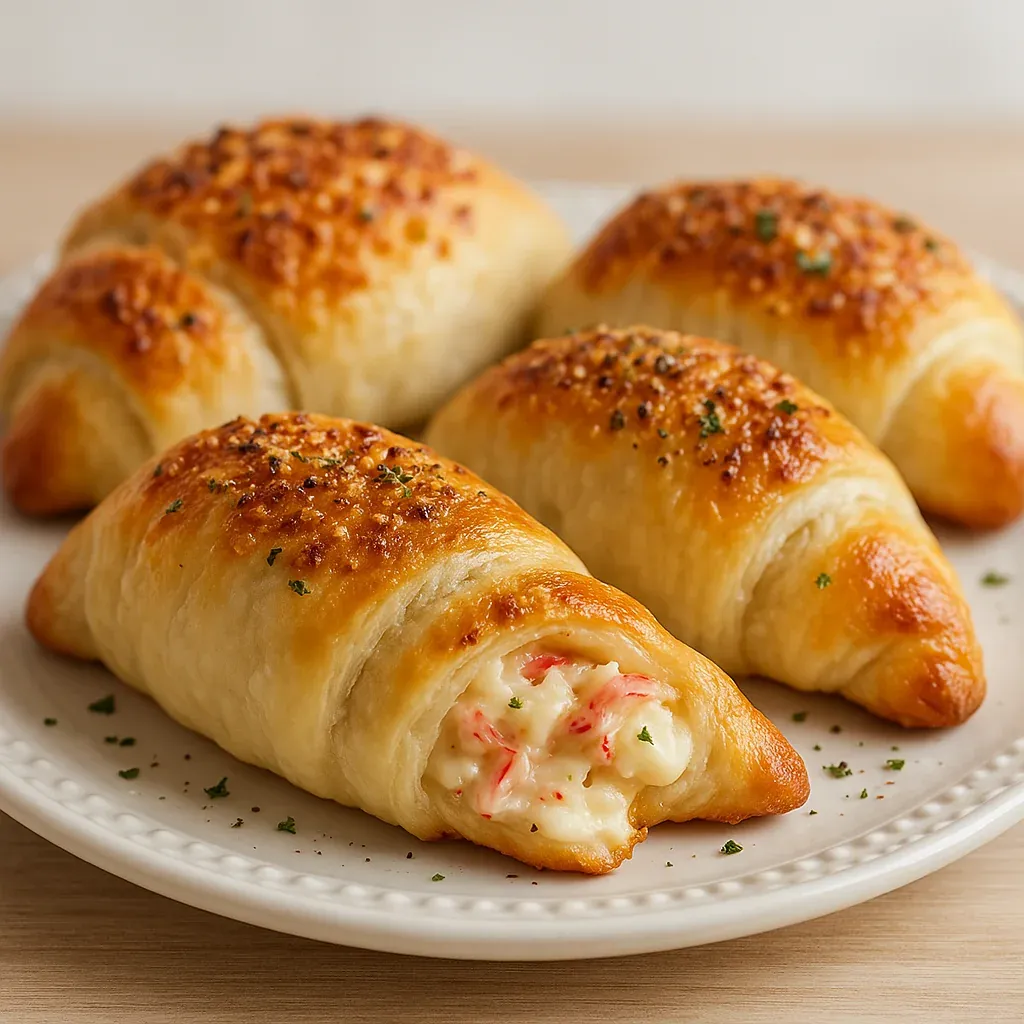 A plate featuring flaky rolls stuffed with crab filling.