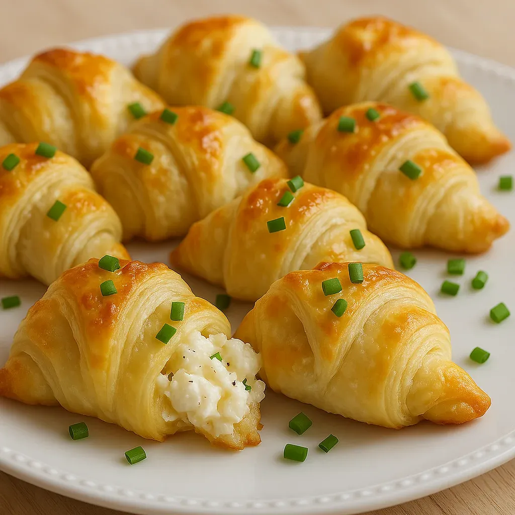 A plate of croissants with cheese in the middle.