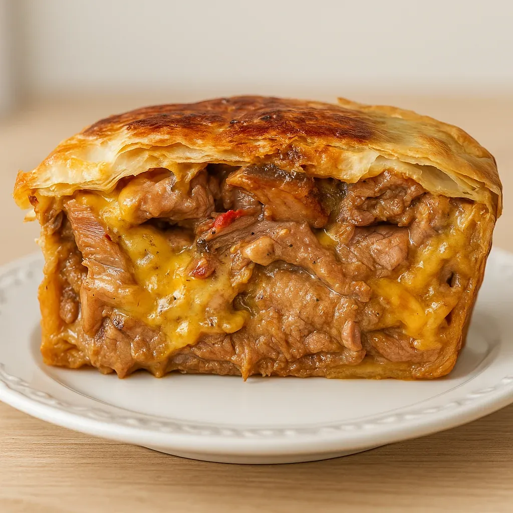 A piece of flaky savory pie served on a white plate.