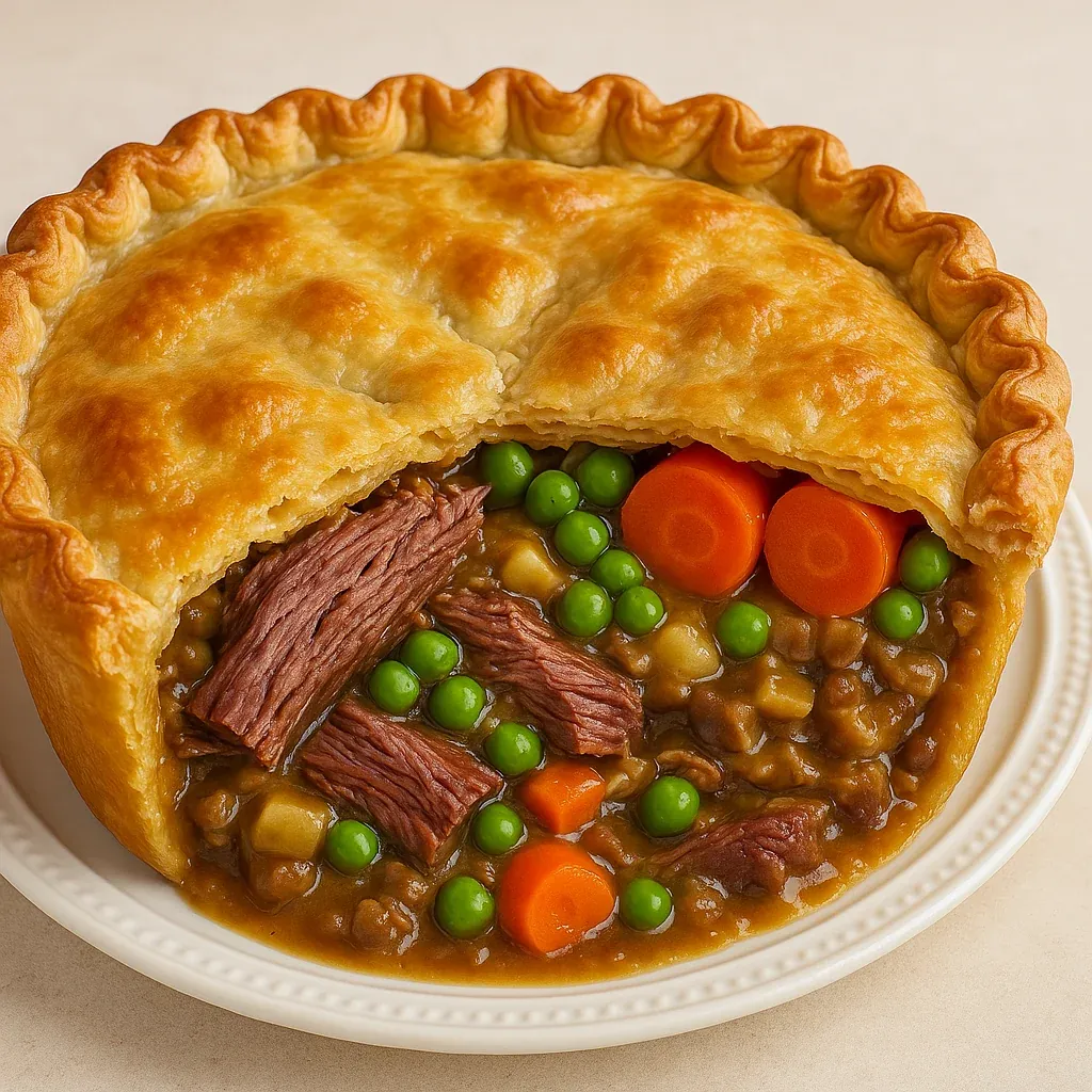 A pie with meat and vegetables.