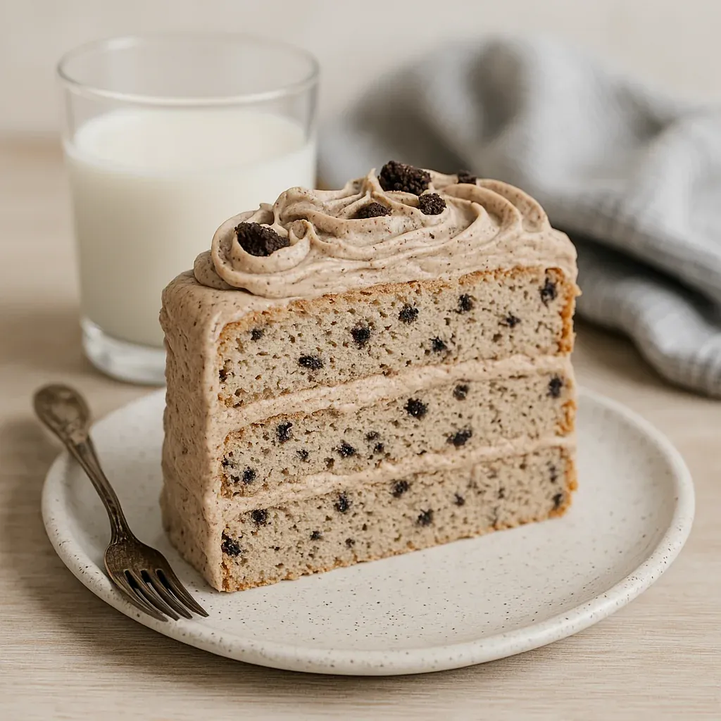 A chocolate-speckled cake with creamy frosting.
