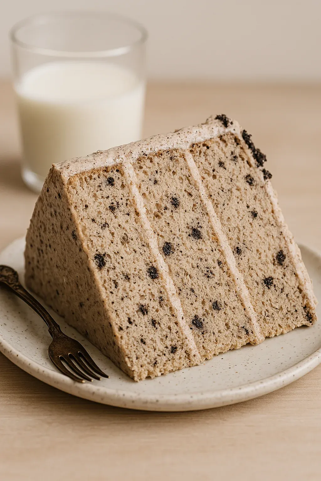 A slice of cake with chocolate chips on a plate.