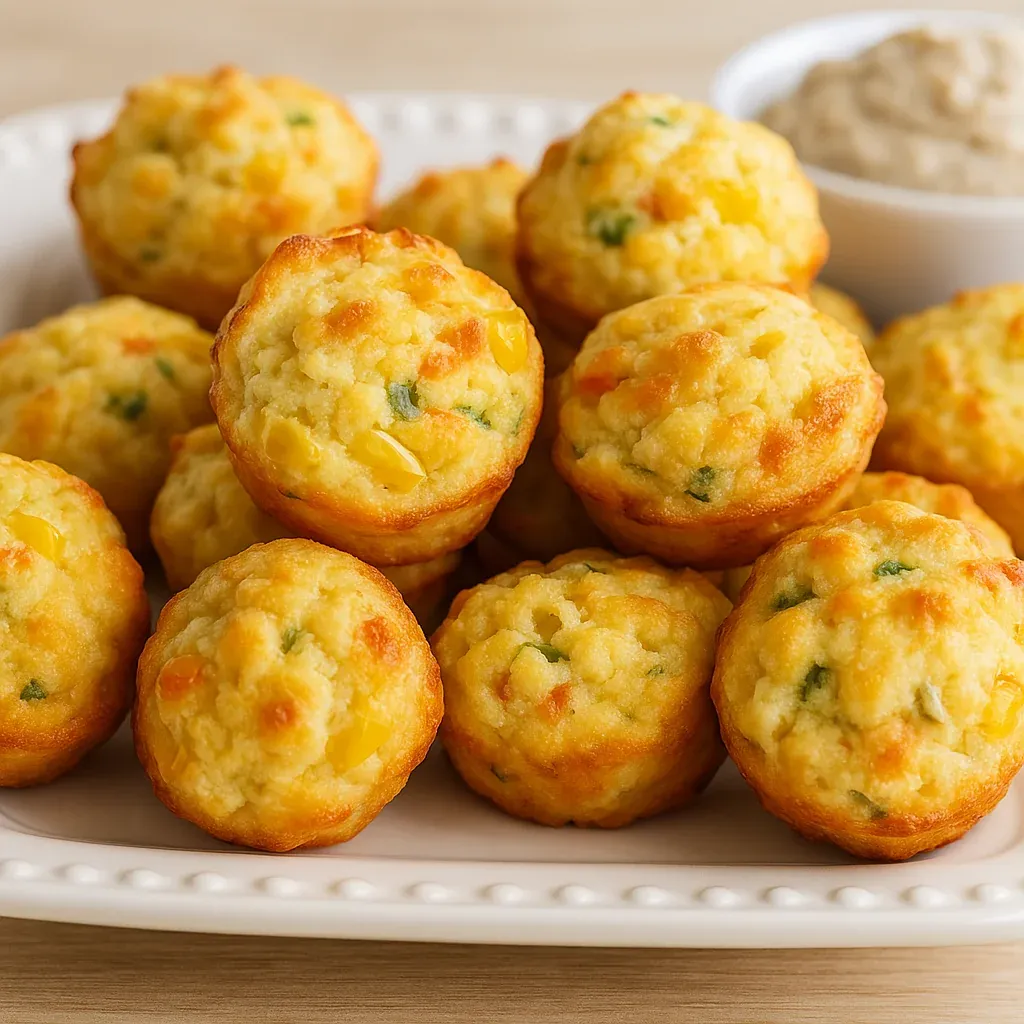 A plate of muffins and a small bowl of dipping sauce.