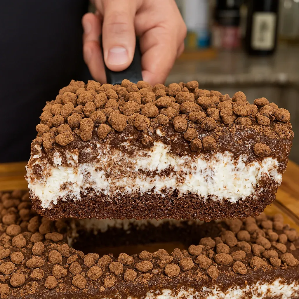 A rich slice of chocolate dessert.