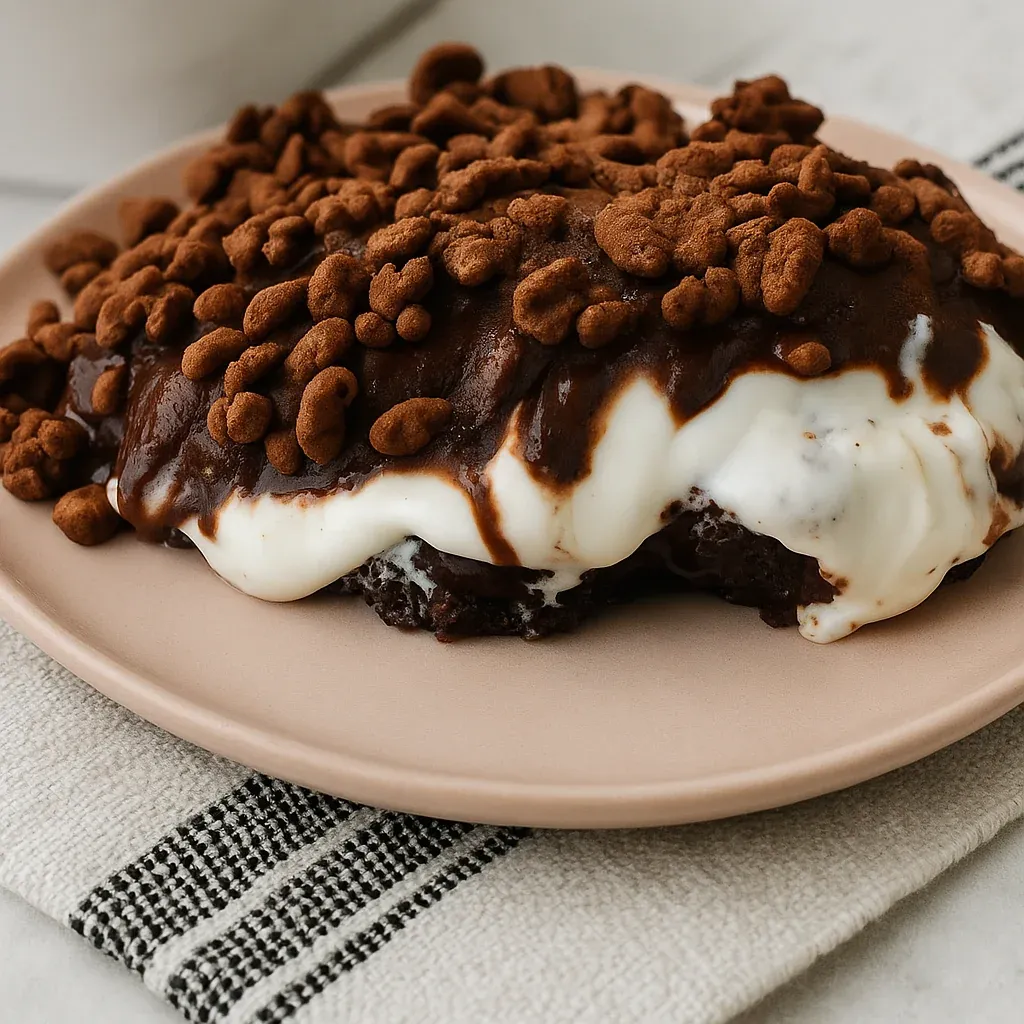 A plate of chocolate cake with white frosting.