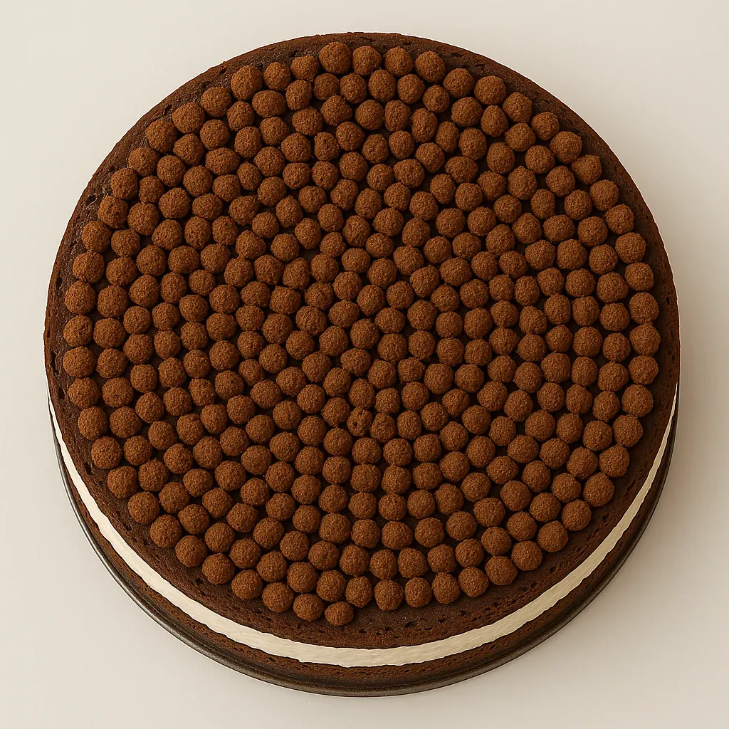 A chocolate cake with brown balls on top.