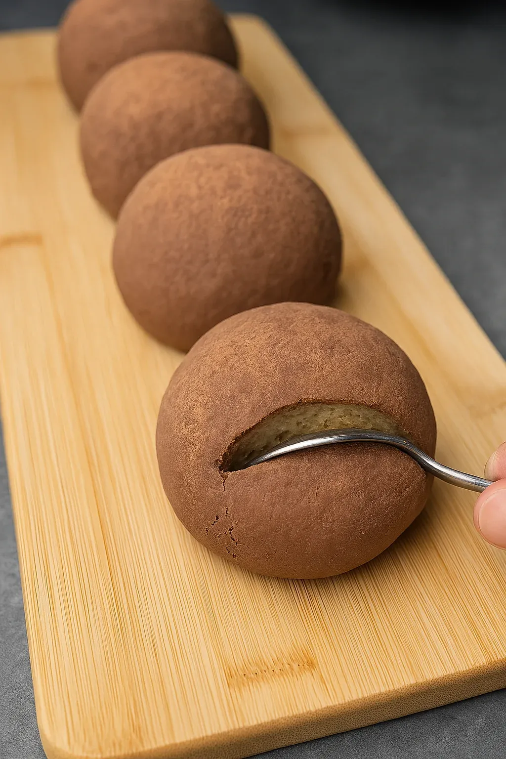 A wooden spoon is used to scoop up a brown food item.