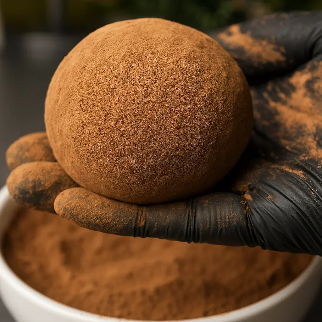 Holding a single chocolate-covered snack ball.