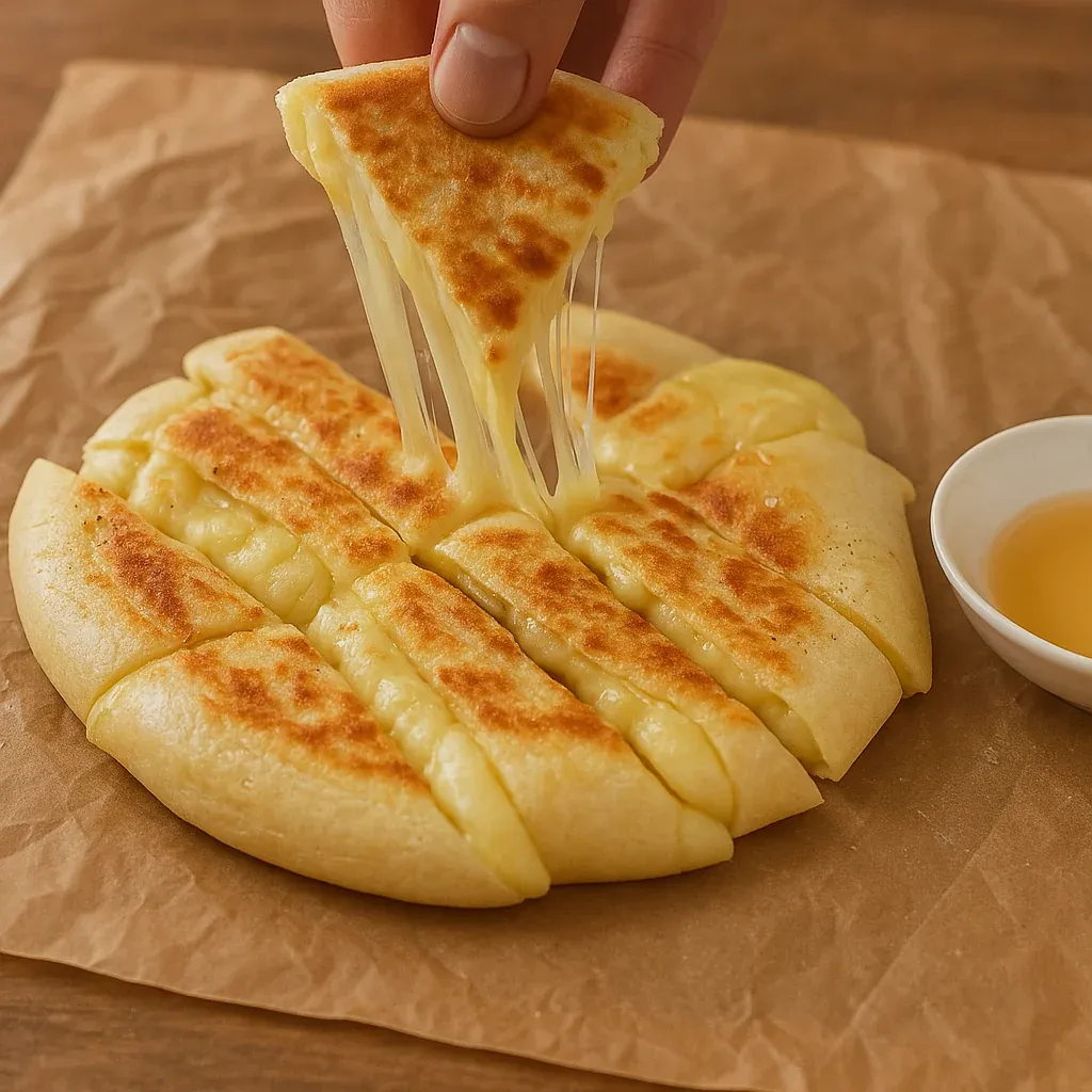 A slice of cheesy bread being pulled away.