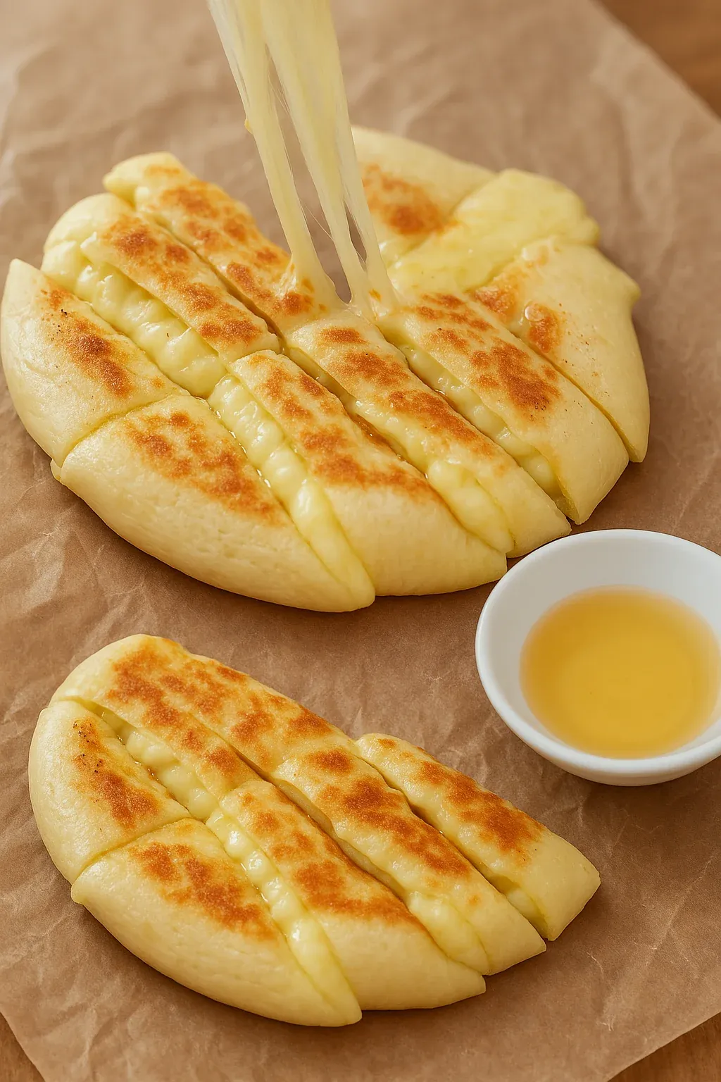 A bowl of sauce next to two pieces of bread.