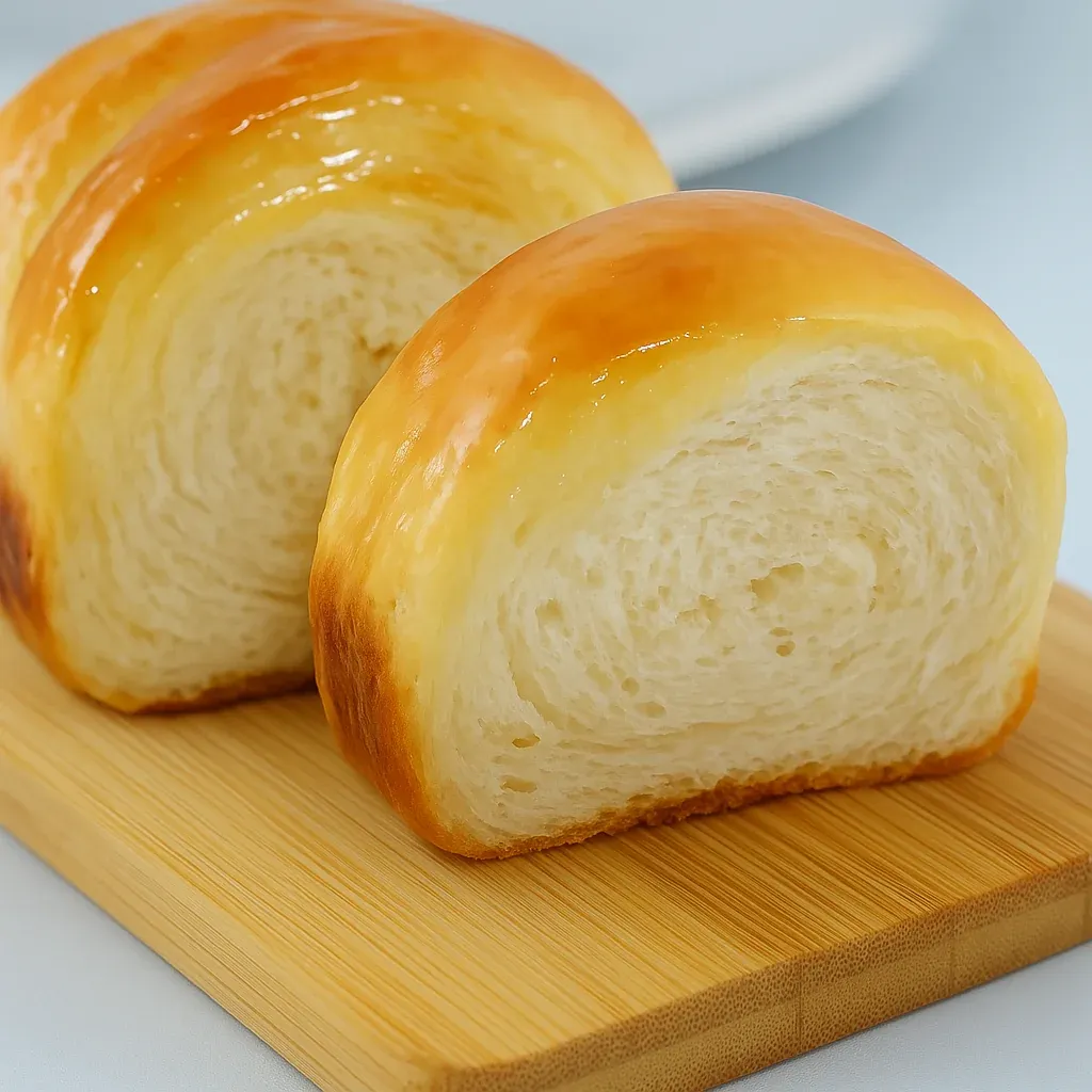 Two slices of bread on a wood board.