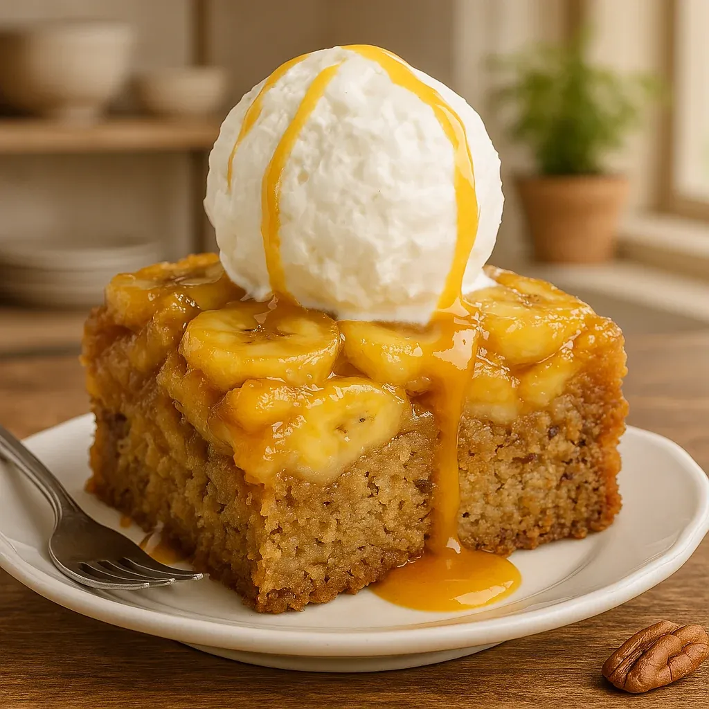 A slice of banana cake with whipped cream on top.