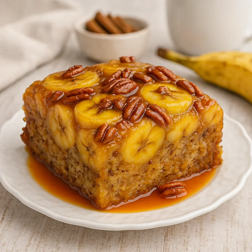 A slice of banana bread with a banana on top.