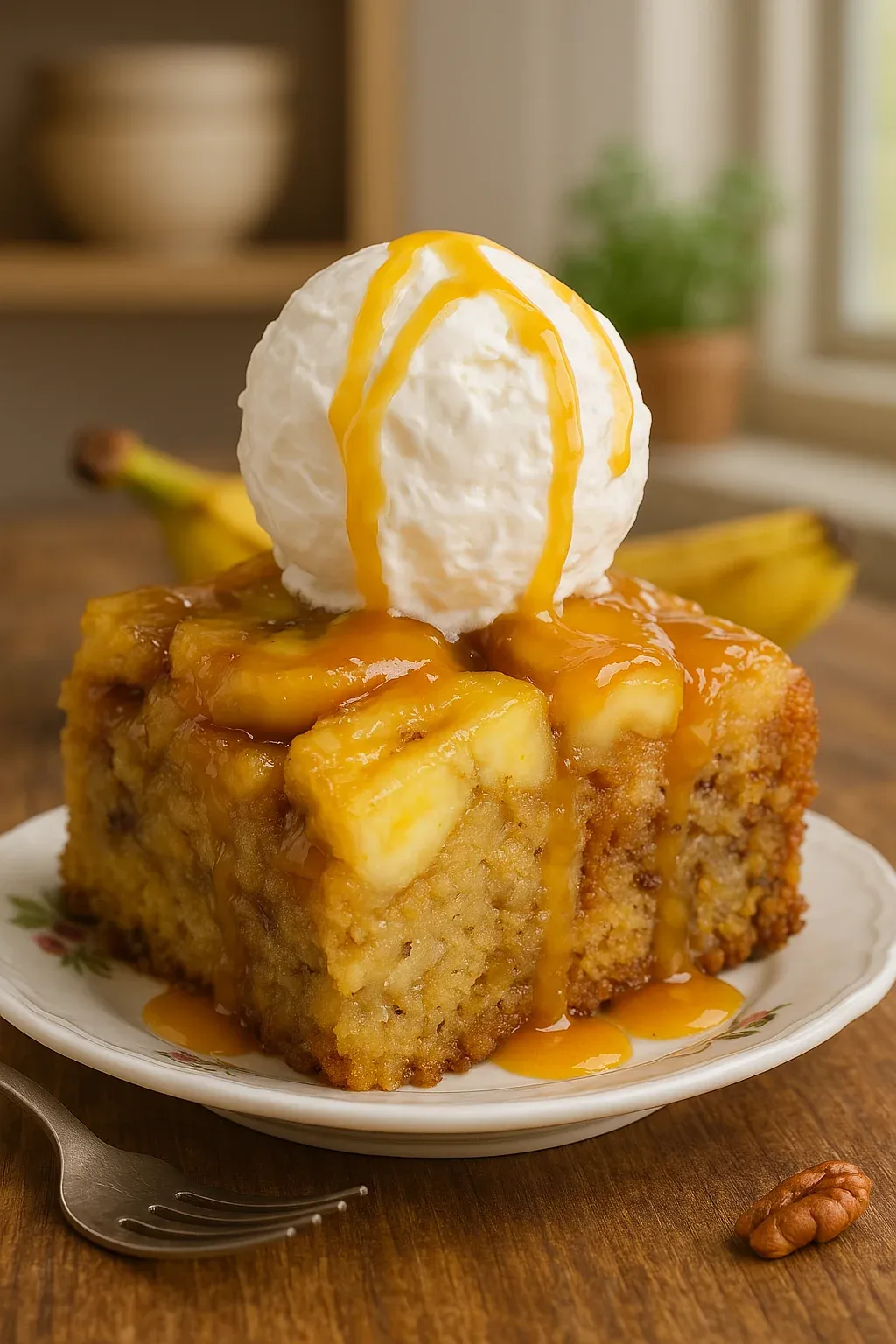 A slice of banana bread with a scoop of ice cream on top.