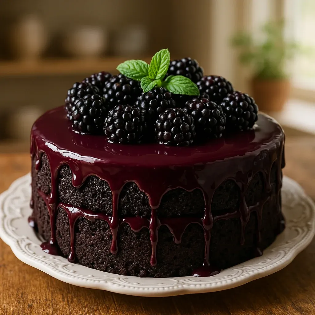 A rich chocolate cake topped with blackberries.