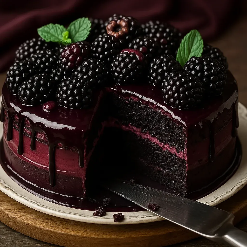 A slice of chocolate cake with blackberries on top.