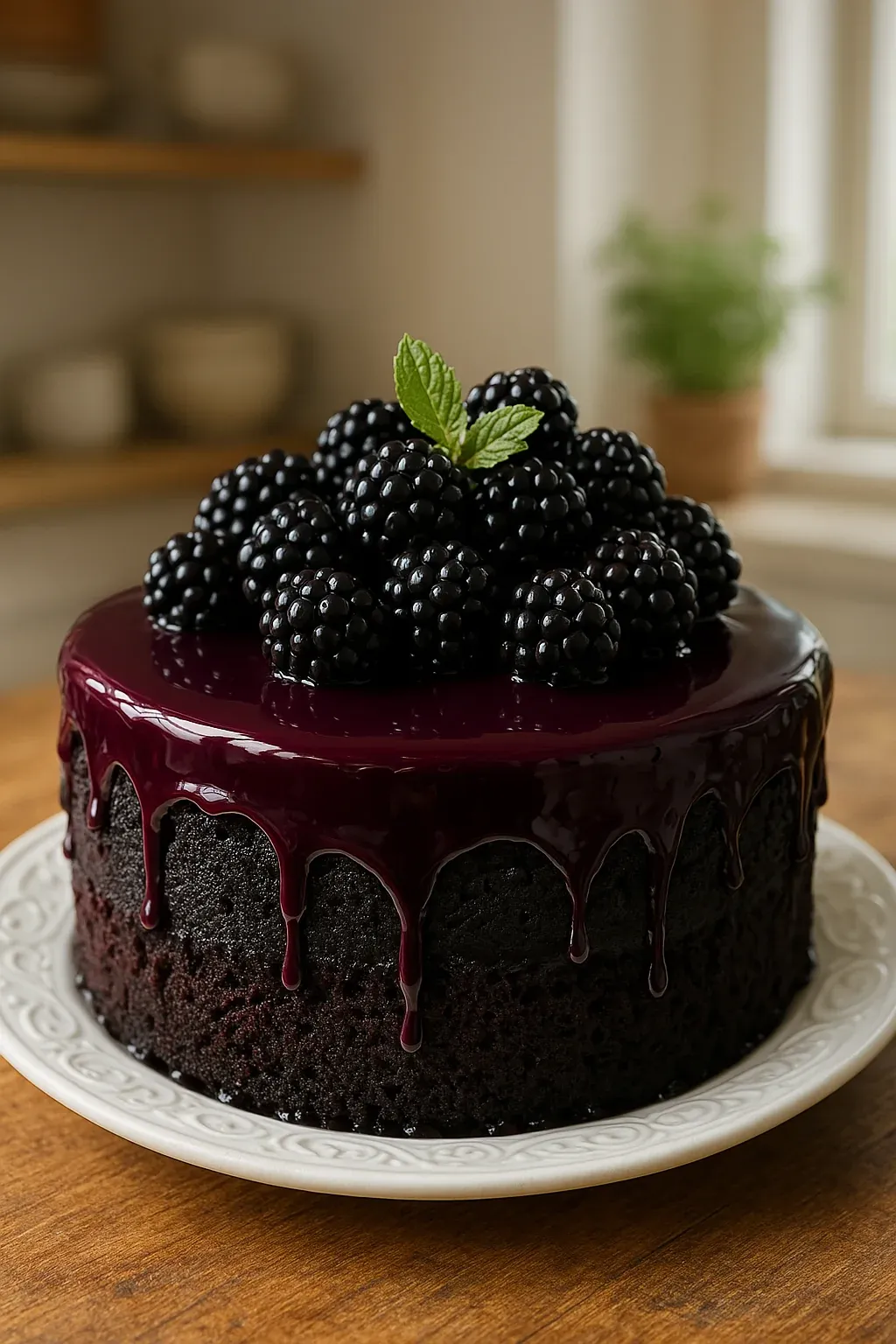 A slice of chocolate cake with blackberries on top.