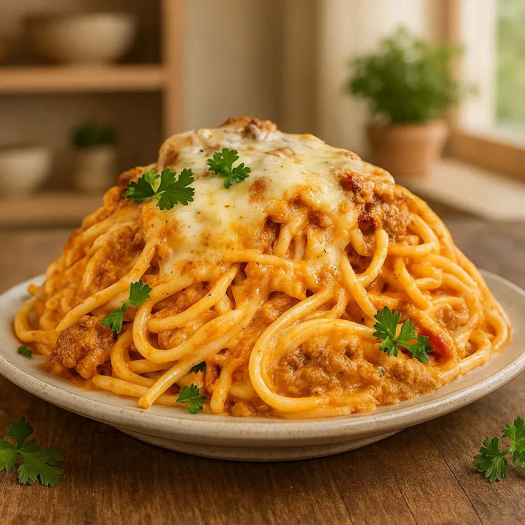 Spaghetti topped with cheese and rich meat sauce.