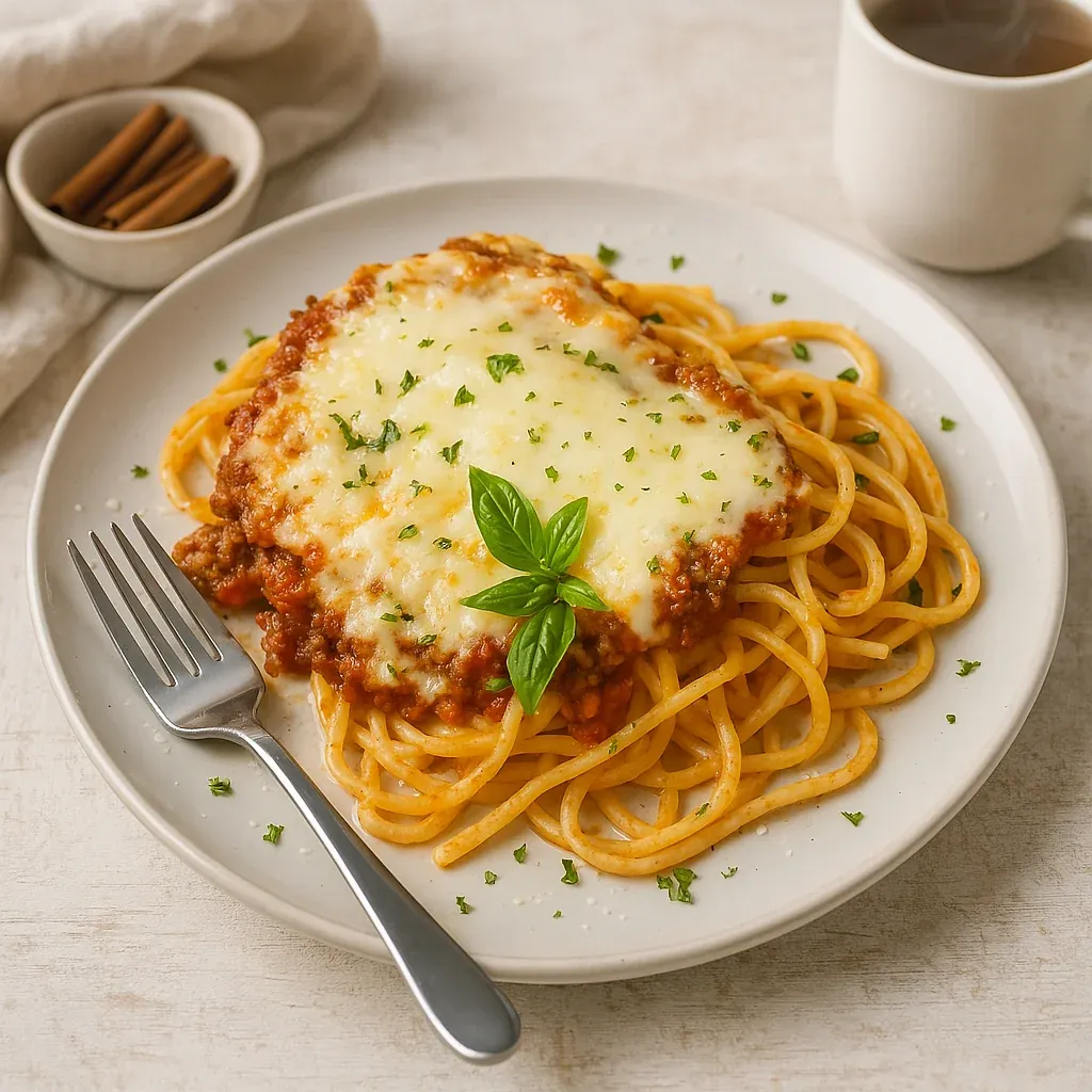 A plate of spaghetti with meat sauce and cheese.