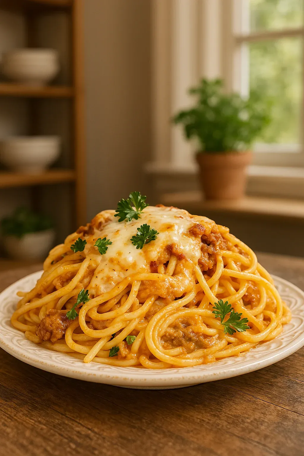 A plate of spaghetti with meat sauce and cheese.