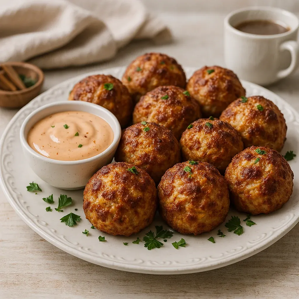 A plate of meatballs with a dipping sauce.
