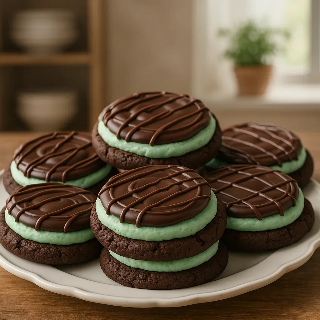 A batch of chocolate mint cookies on a plate.