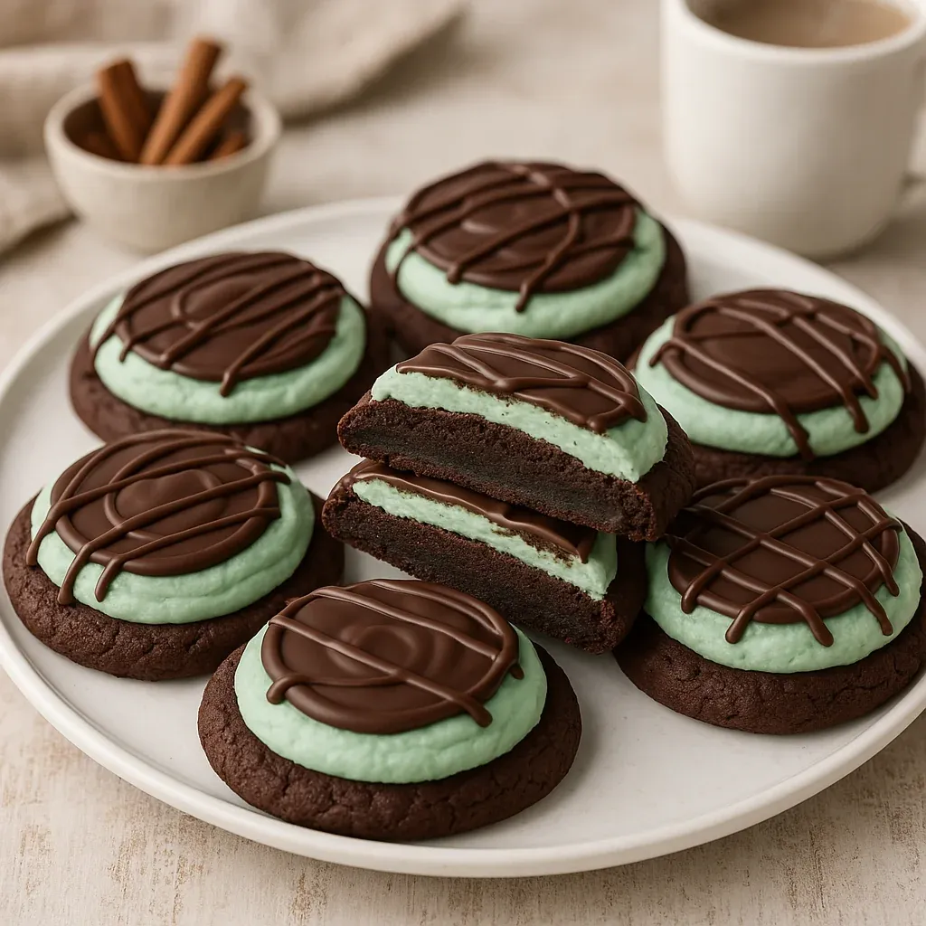 A plate of chocolate and green cookies.
