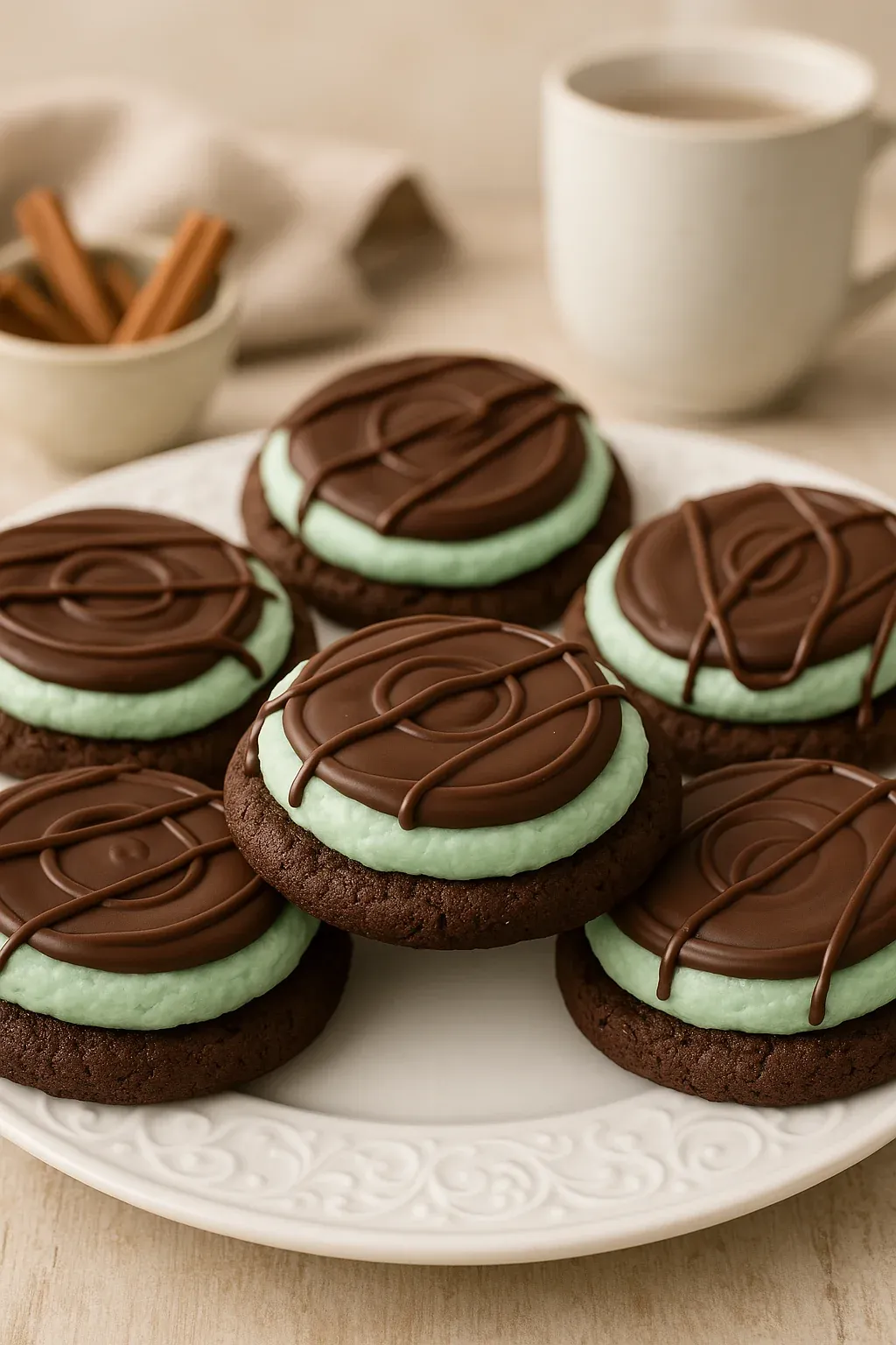 A plate of chocolate cookies with white frosting.