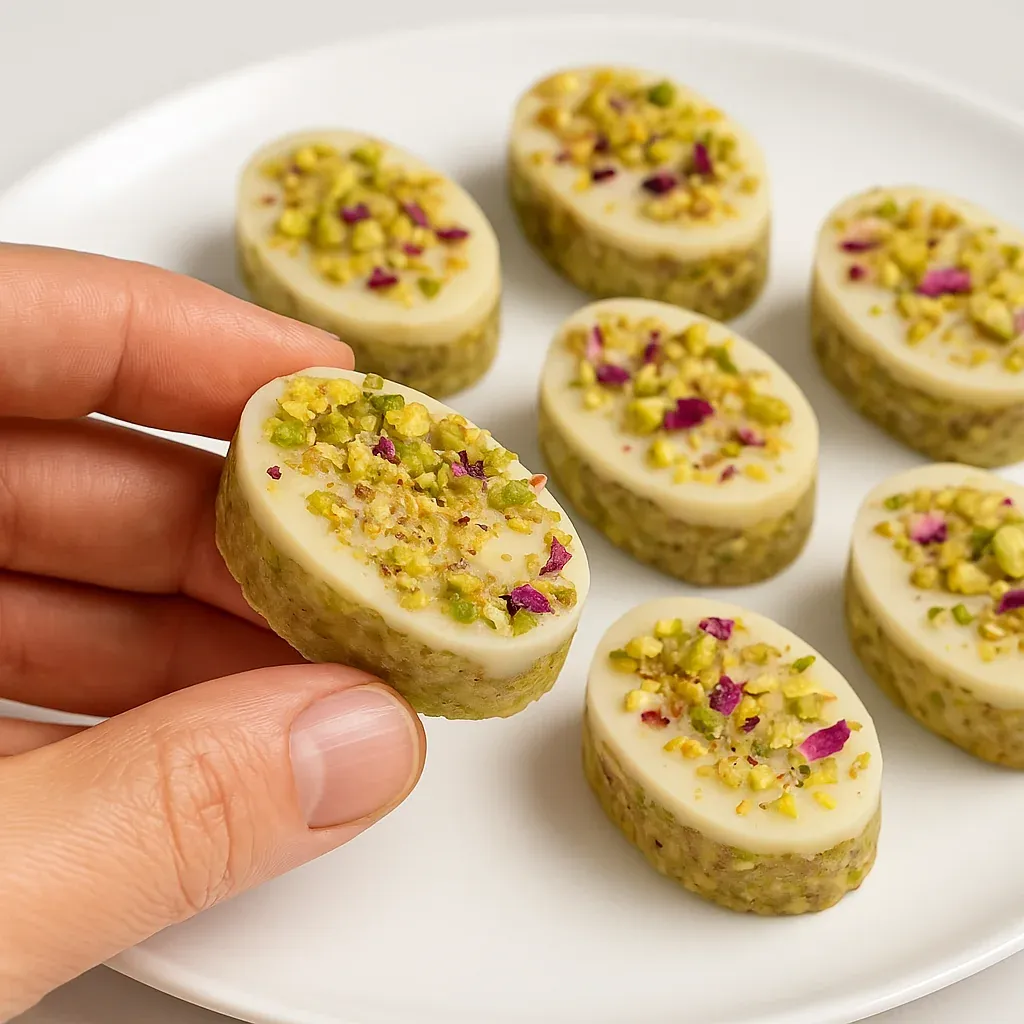 A hand holding a small pastry with pistachio topping.