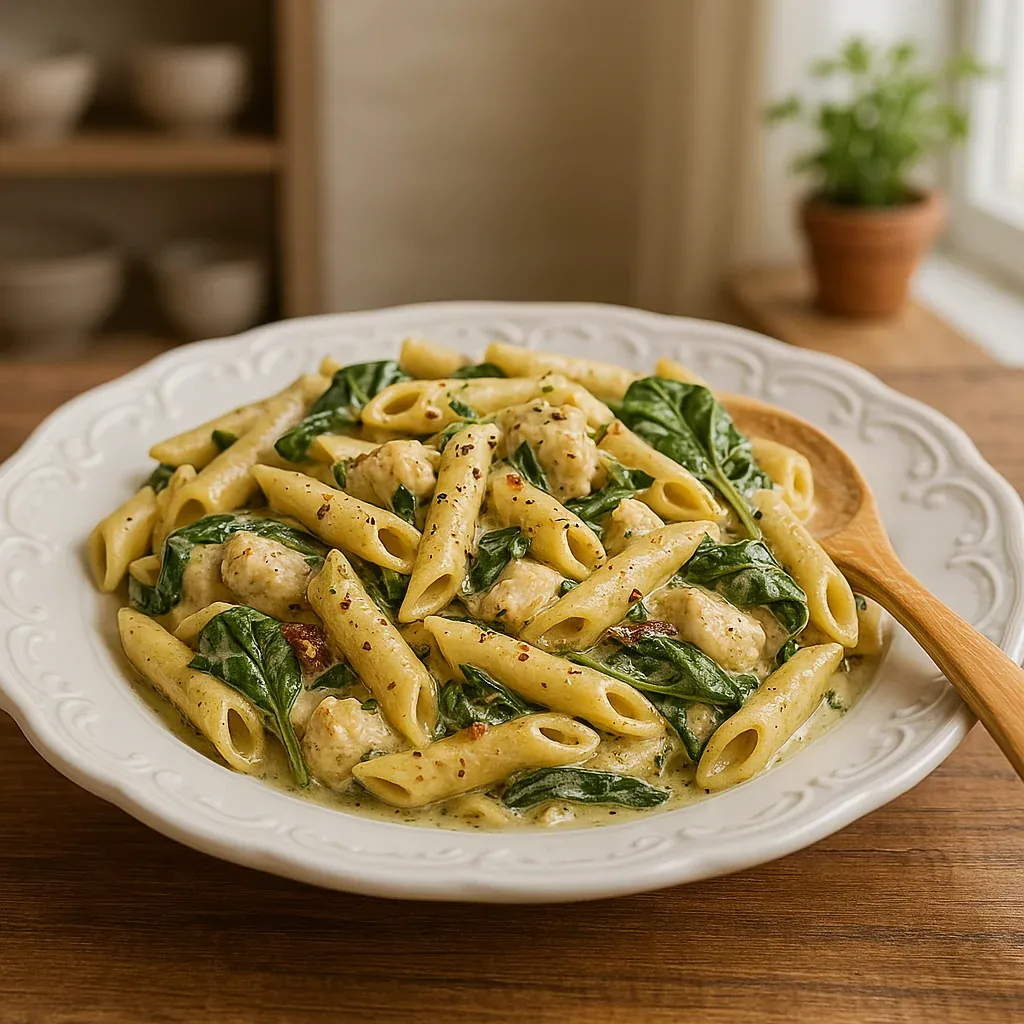 Pasta plate with chicken and spinach.