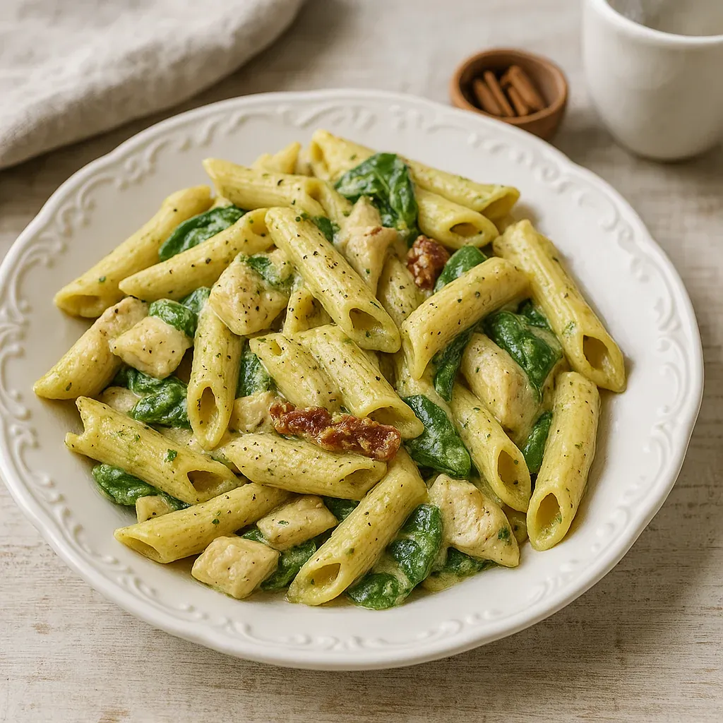 A plate of pasta with chicken and green vegetables.