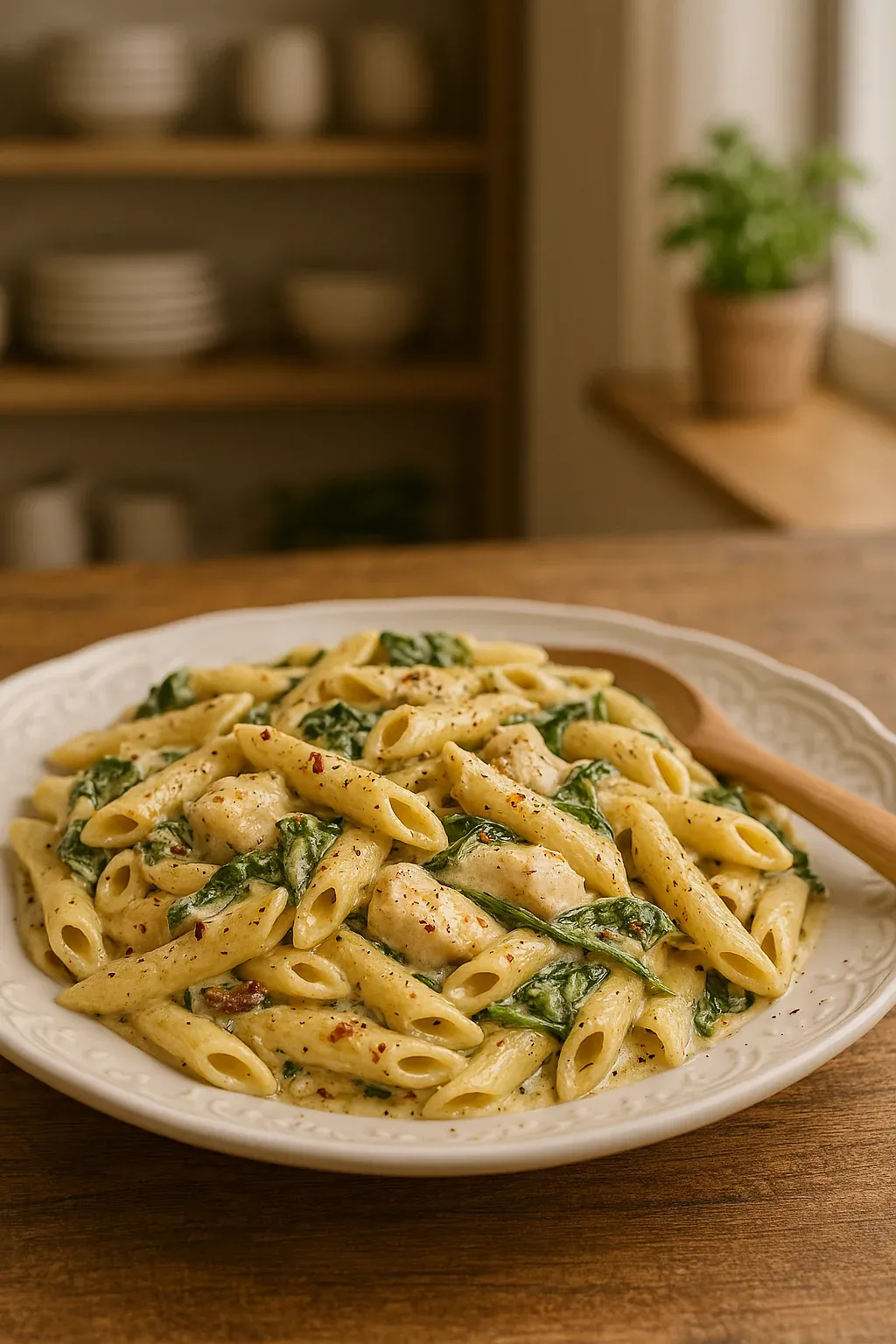 A plate of pasta with chicken and spinach.