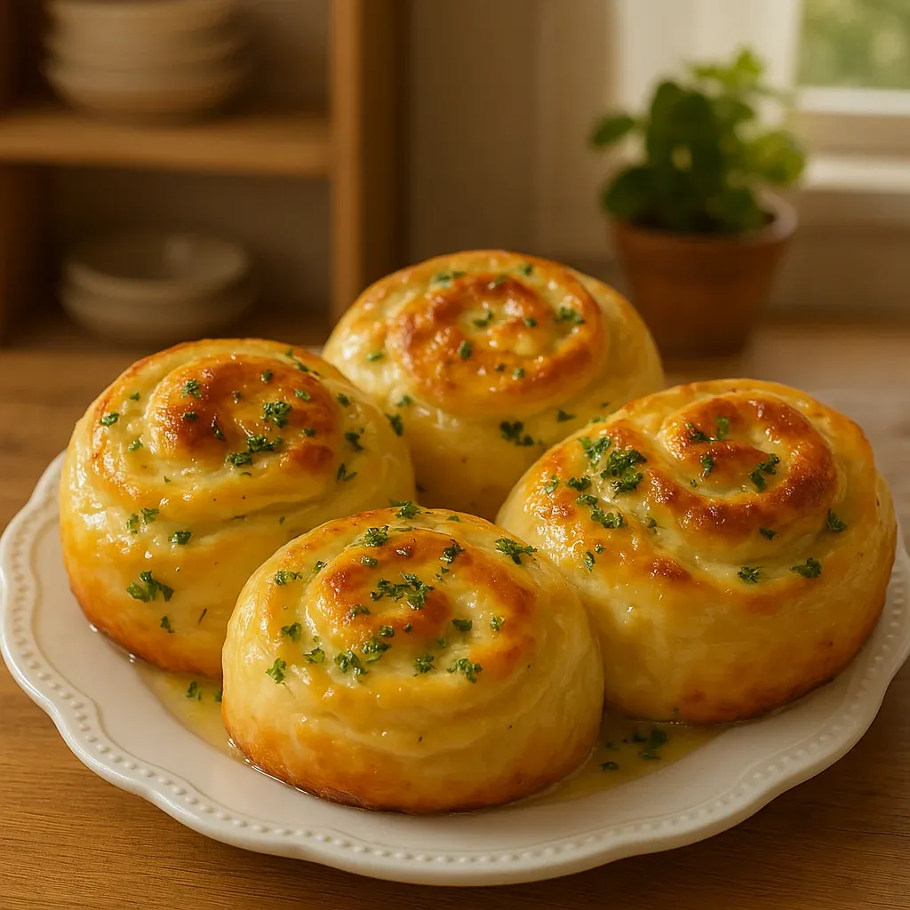 Soft garlic rolls on a plate.