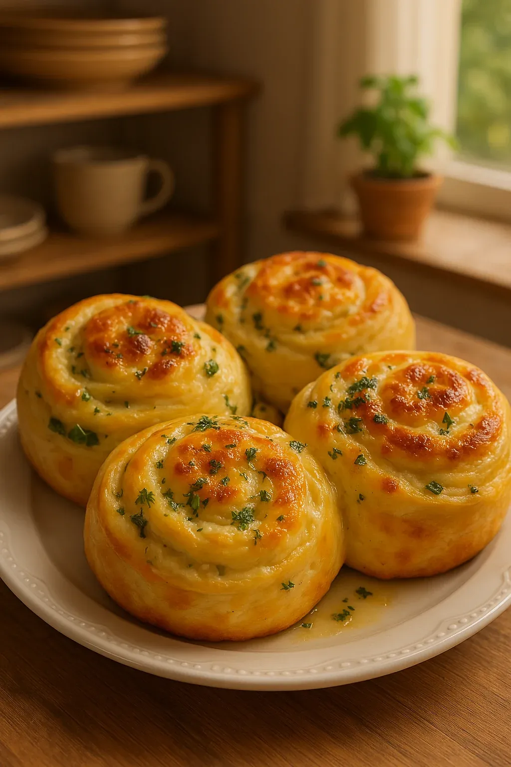 Three rolls of bread with cheese and herbs on a plate.
