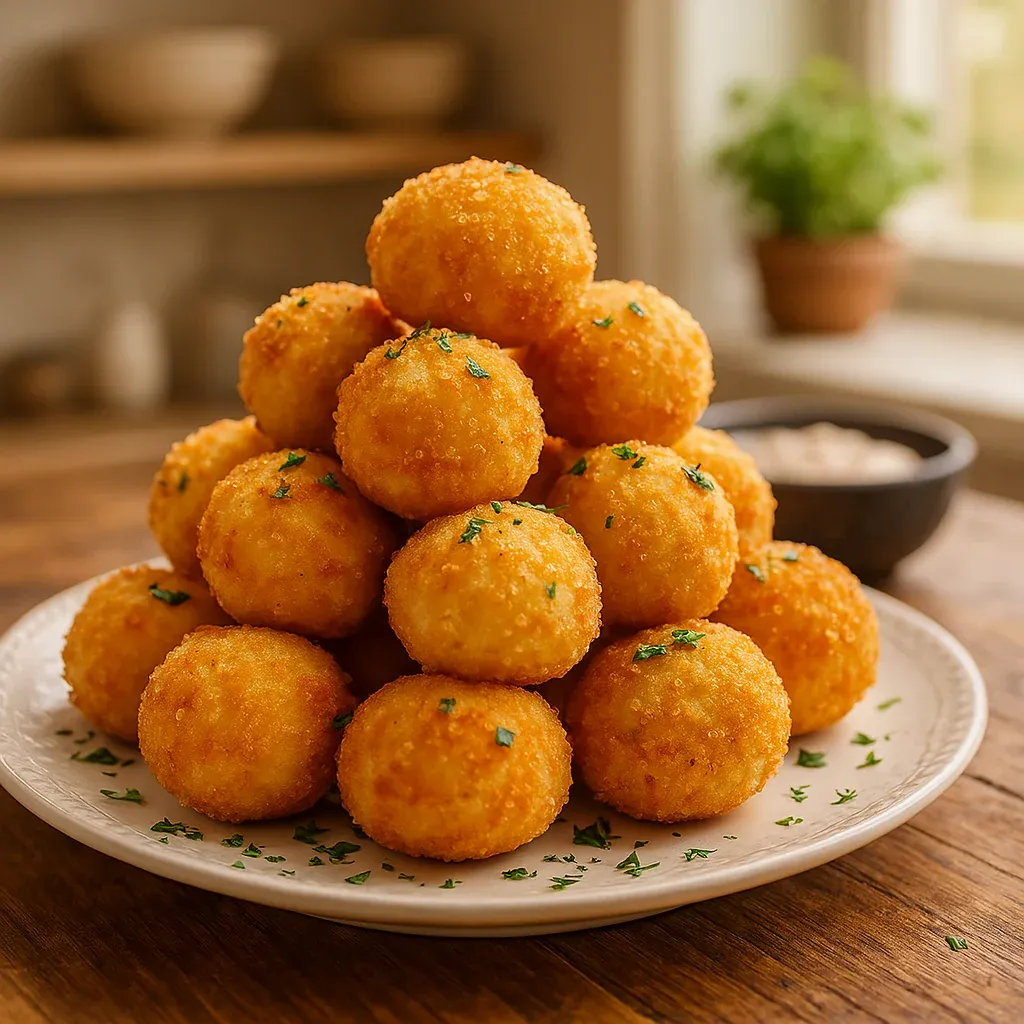 Stack of cheesy potato snacks on a dish.