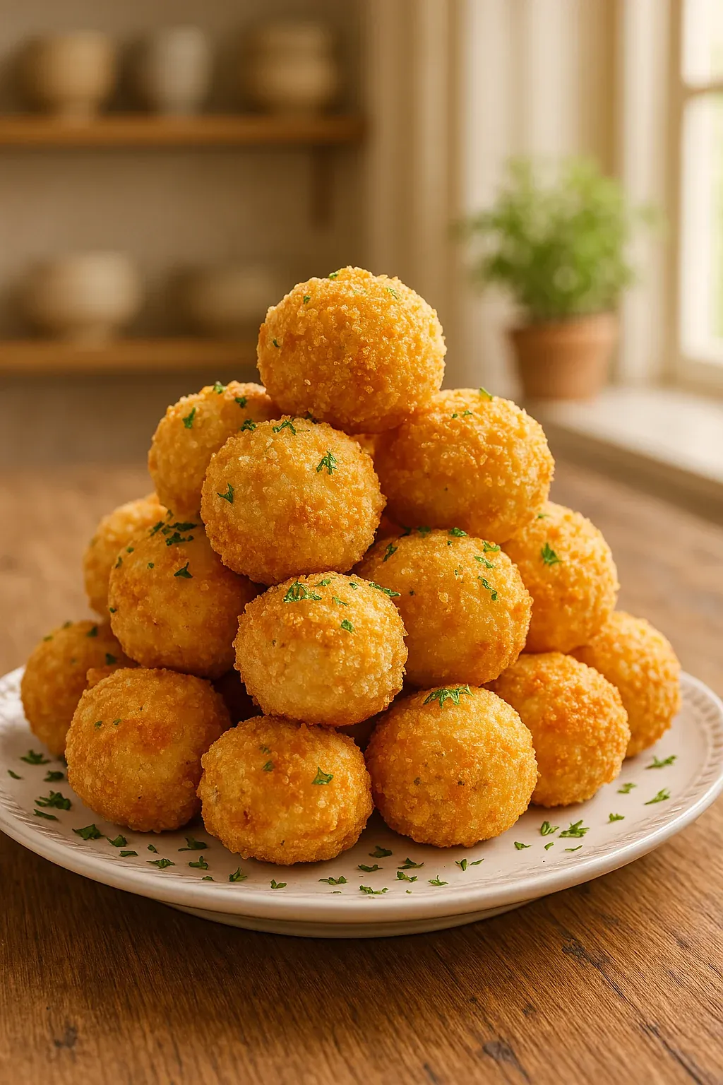 A stack of cheese balls on a plate.