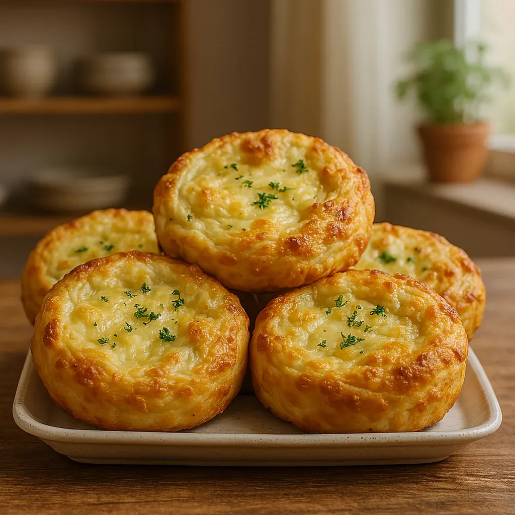 Golden brown bread rolls filled with cheese and herbs, served on a platter.
