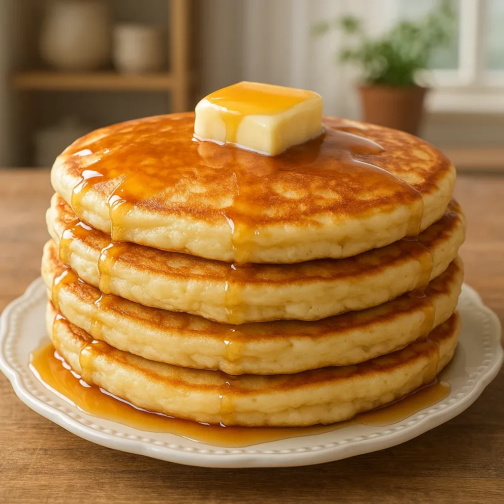 Stacked pancakes topped with melting butter.
