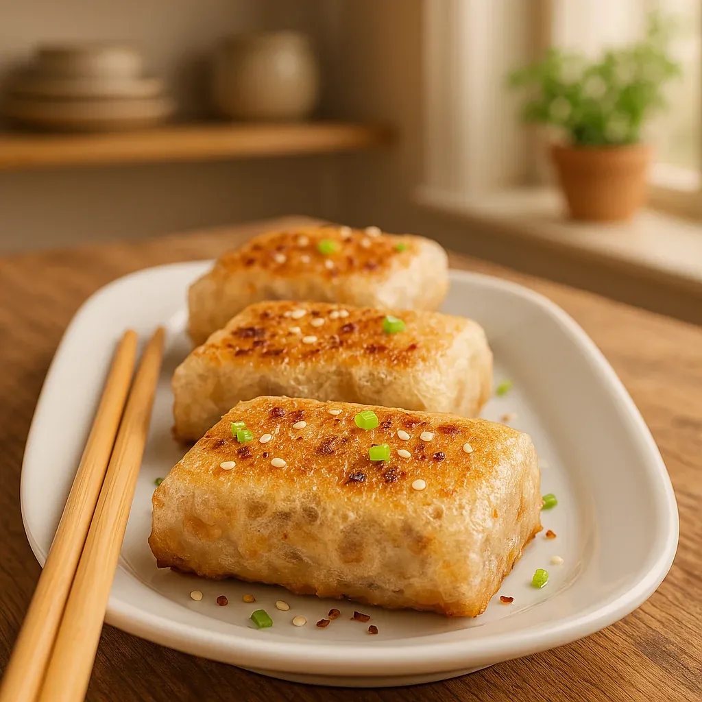 A plate of crispy stuffed dumplings with chopsticks on the side.