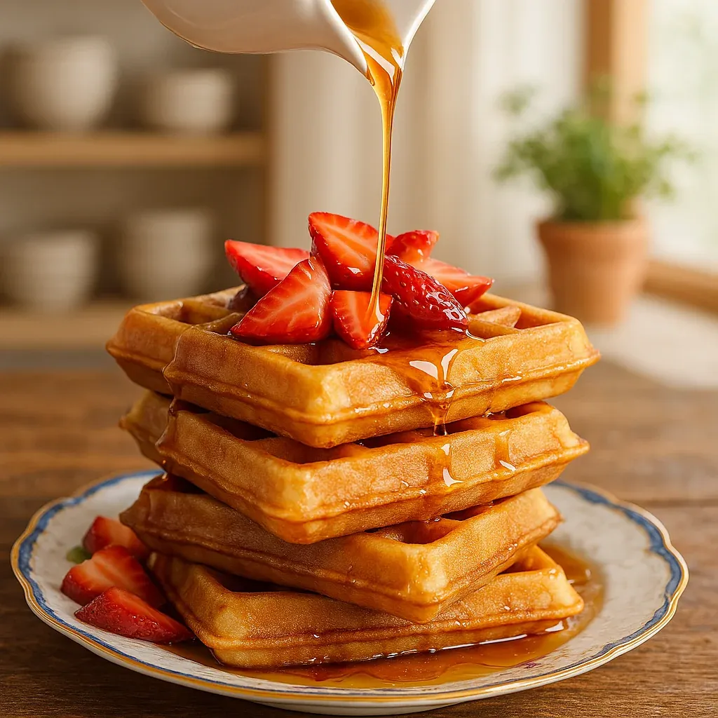 Golden waffles topped with strawberries and syrup.