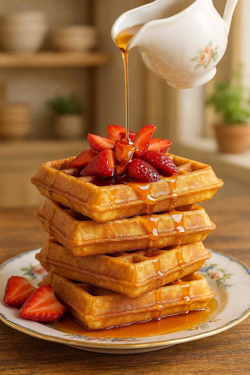 A stack of waffles with strawberries on top.
